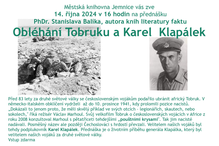 Přednáška Obléhání Tobruku a Karel Klapálek
